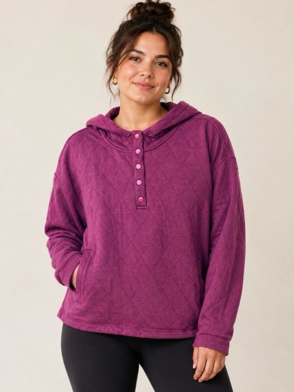 Lands End Women XXL Quilted Pullover Hoodie Snap Neck Berry Pink Sweatshirt NEW